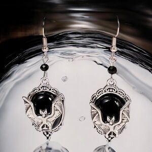 Gothic Bat Cameo Vintage Style Synthetic Black Silver-Plated Alloy Drop Earrings